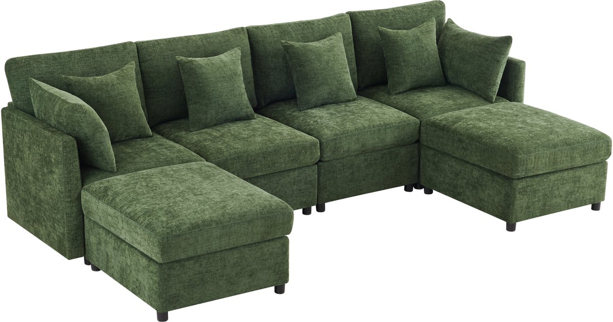 REDOM Modulaire Hoekbank Met 2 Hockers En 6 Kussens - U- Of L-Opstelling - Modern - Chenille - Groen - 278 x 161 x 81 cm Groente