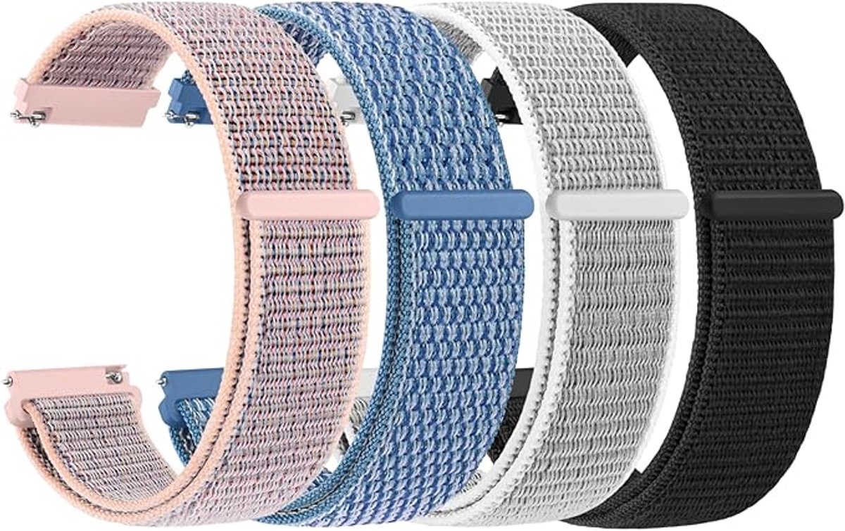 4 Stuks - Horlogebandje - 20 mm - Verstelbare - Horlogeband - Nylon - Vervangende riem voor mannen en vrouwen - Klittenbandsluiting - Makkelijk Zelf te Verwisselen - Smartwatch banden