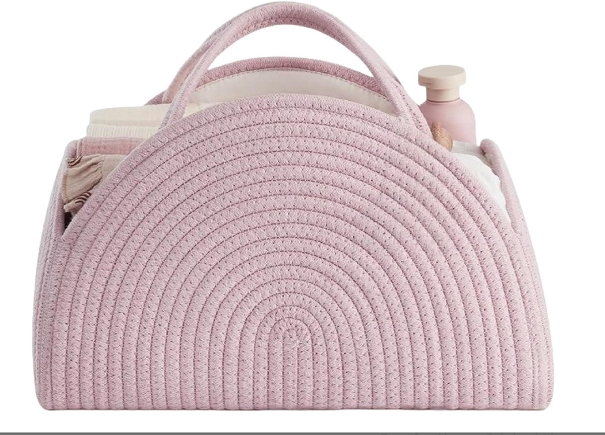 Luiertas, organizer, babyluier caddy mand, draagbare opbergmand voor de luiertafel, wikkelmand, organizer met vakken en handgrepen, katoenen touwmand voor babyshower, geschenken (roze)