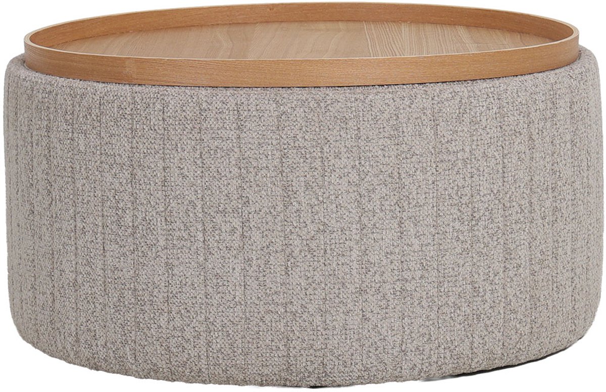 DÉJA Living Salontafel Angela – Rond – Met Opbergruimte – Chenille – Essen Fineer – 81x81x42 cm – Taupe/Naturel