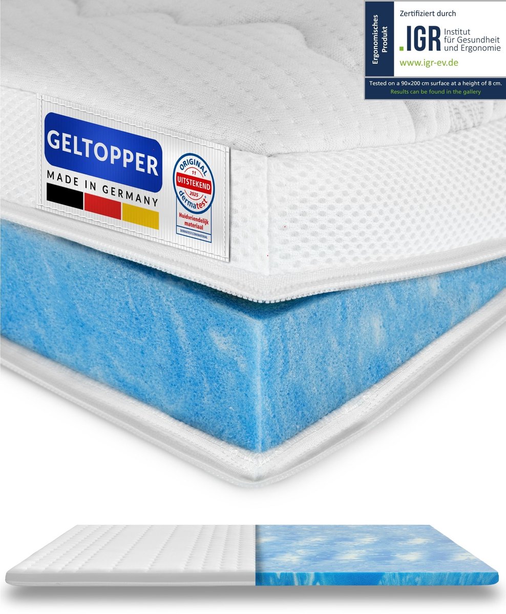 AM Qualitätsmatratzen Premium Plus Gelschuim Topper 300x200cm (SG50) - Premiumhoogte 8 cm - Kwaliteit Made in Germany - Memory foam mattress topper 300 x 200 8cm - Afneembare en wasbare tijk Wit