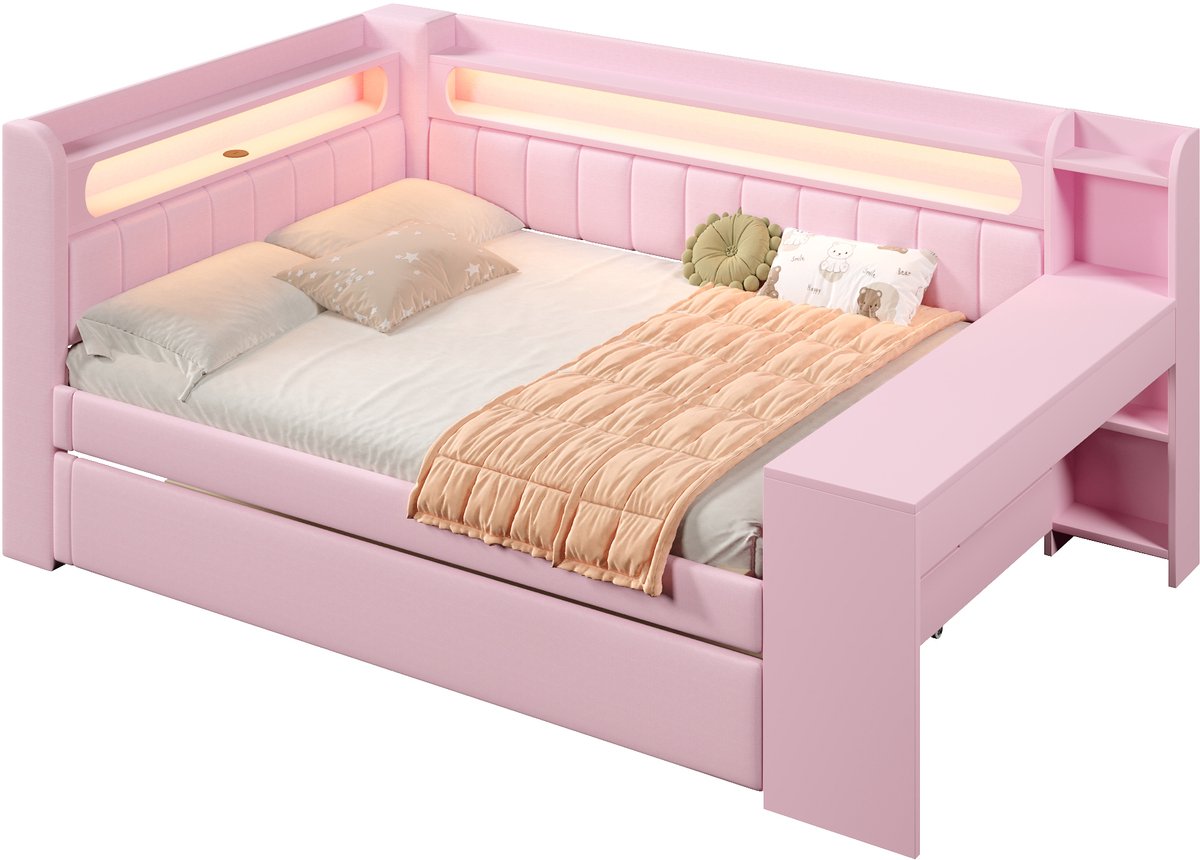 Zubaliya bed 140 x 200 cm Roze met Uitschuifbed 90x190 cm, Gestoffeerd Bed met Bureau, LED Verlichting en USB, Houten Bed met Lattenbodem