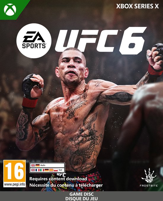 Cover van EA Sports UFC 6 voor Xbox Series X. Een tatoeëerde vechter staat in vechthouding.