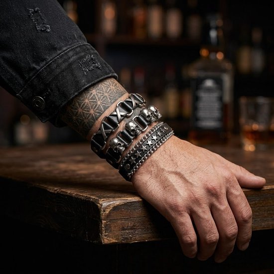 Zwarte PU leren armbanden met zilverkleurige schedels, studs en sterren, gedragen door een man met tatoeages op zijn arm, in een bar setting.