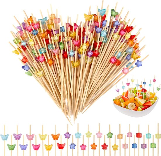 300 Stuks Houten Cocktailprikkers van 12 cm voor Decoratie, Fingerfood en Fruit Spiesjes met Vlinder en Bloem Motief