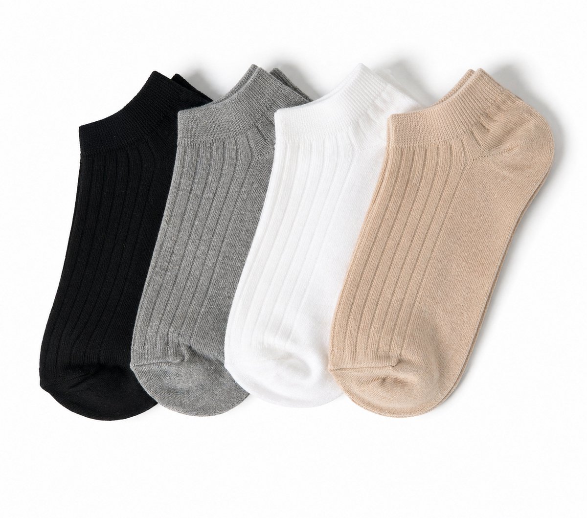 Sneaker Sokken 4-Pack Maat 35-38 – Geribde Katoenmix Enkelsokken – Zwart, Grijs, Wit & Warm Beige – Ademend, Vormvast & Comfortabel – Unisex