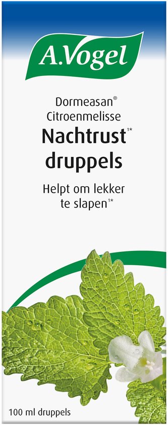 Doosje "Dormeasan Citroenmelisse Nachtrust" met citroenmelisseblaadjes op de voorkant. 100 ml druppels.