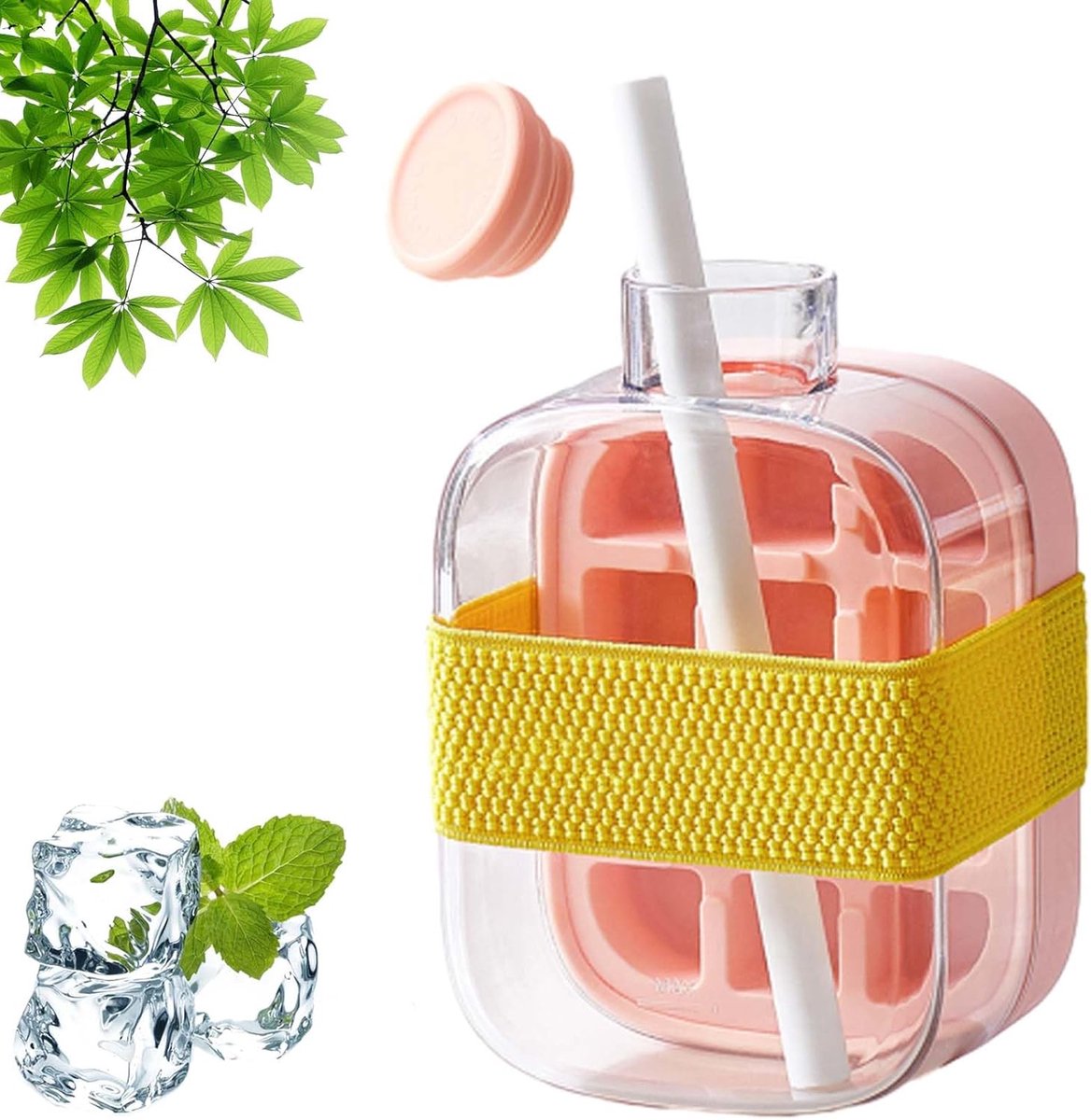 KZQ Draagbare ijsblokjesfles 500 ml roze 2 in 1 zero touch pers herbruikbare ijsvorm voor vriezer met rietje ideaal voor outdoor en cool summer