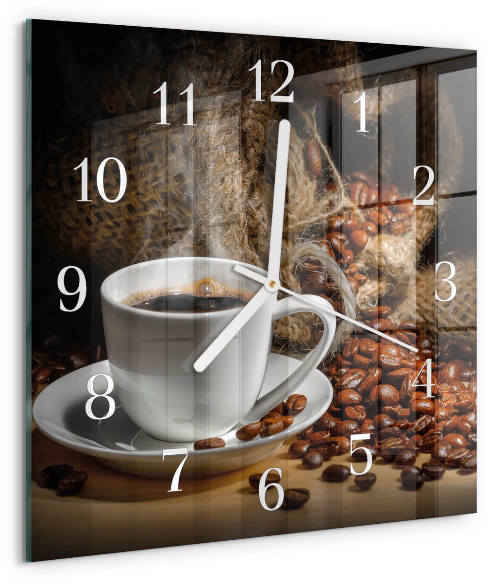 TULUP Wandklok - Koffie Decoratieve Glazen Klok - 30x30 cm - Bruin Glazen Wandklok Design - Witte Handen - Vierkante Wandklok - Glazen Klok Met Print - Wandklok Glas Met Motief Bruin - Koffie