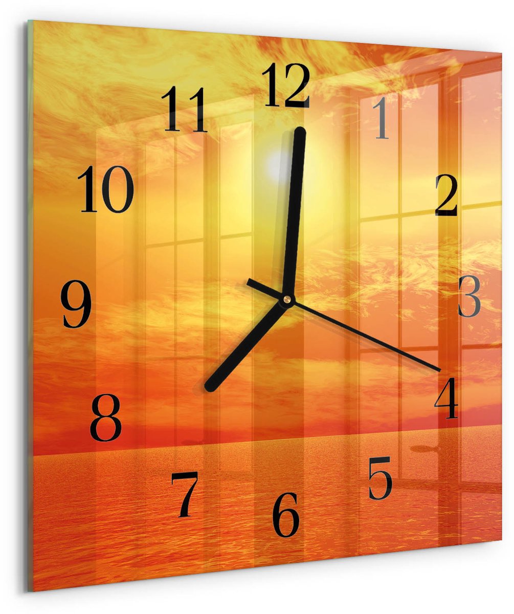 TULUP Wandklok - Zonnig Wandklok Glas Met Motief - 30x30 cm - Oranje Decoratieve Glazen Klok - Zwarte Handen - Vierkante Wandklok - Klok Glas Met Opdruk - Moderne Wandklok Glas Oranje - Zonnig