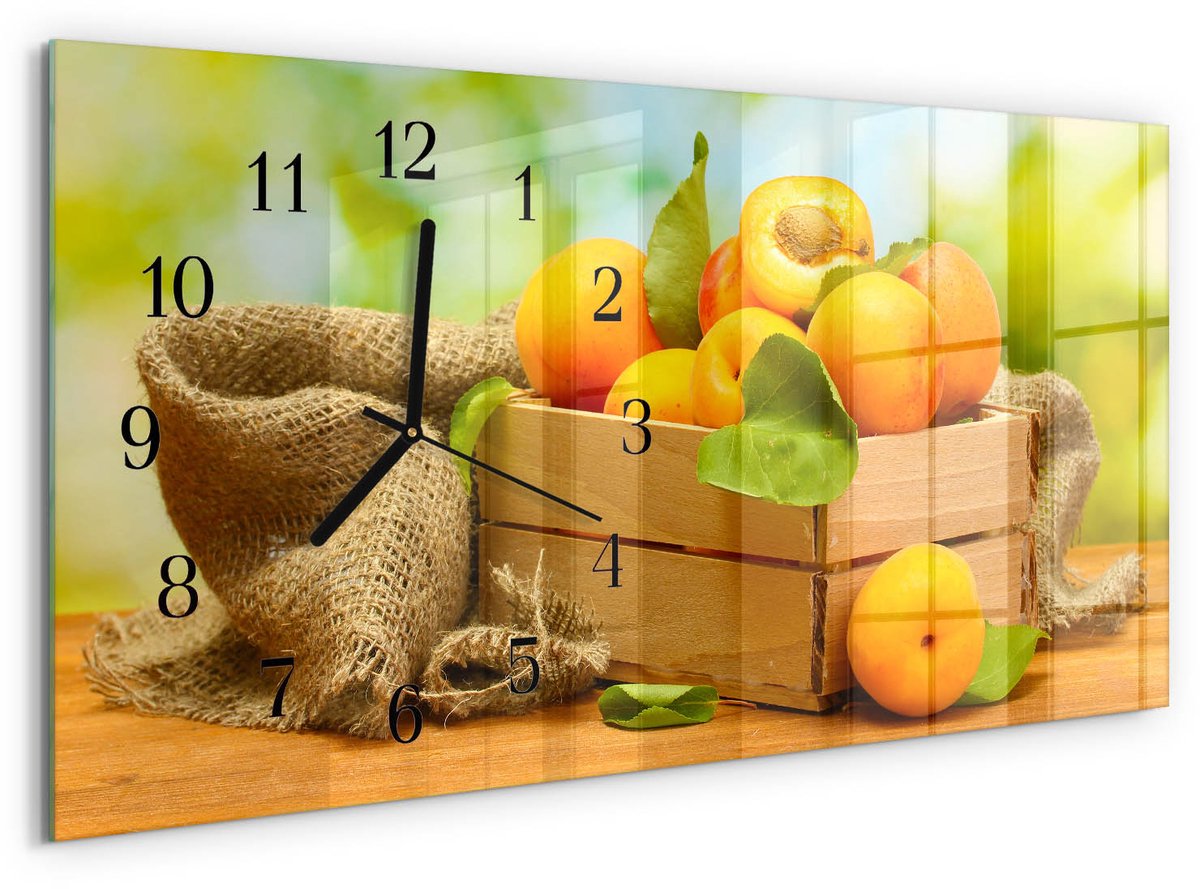 TULUP Wandklok - Abrikozen Glazen Klok Met Print - 60x30 cm - Geel Moderne Glazen Wandklok - Zwarte Handen - Rechthoekige Wandklok - Glazen Klok Met Print - Wandklok Glas Met Motief Geel - Abrikozen
