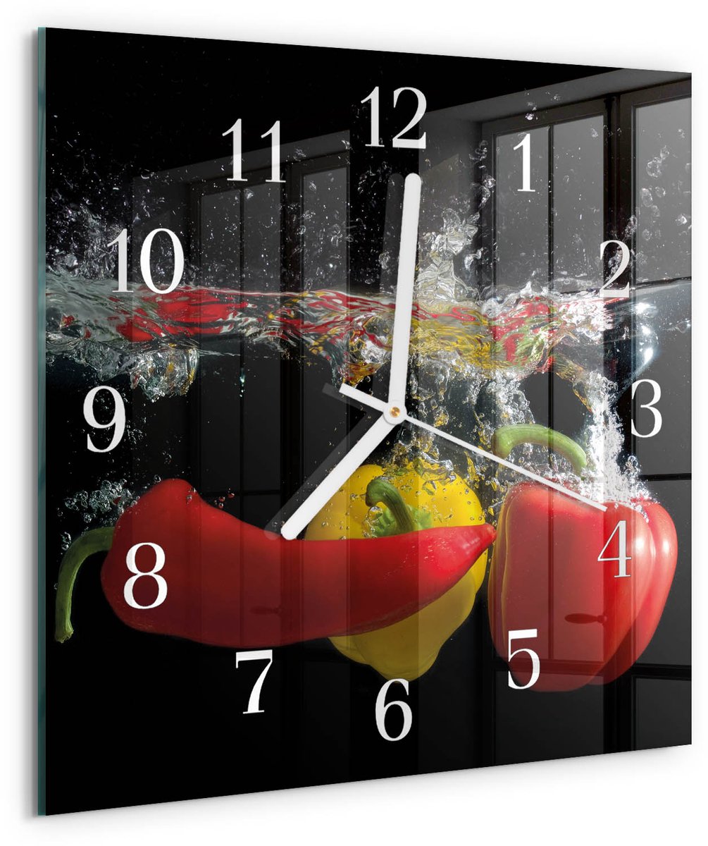 Tulup Wandklok - Peper Glazen Klok Met Print - 30x30 cm - Zwart Moderne Glazen Wandklok - Witte Handen - Vierkante Wandklok - Moderne Wandklok Glas - Wandklok Glas Decoratie