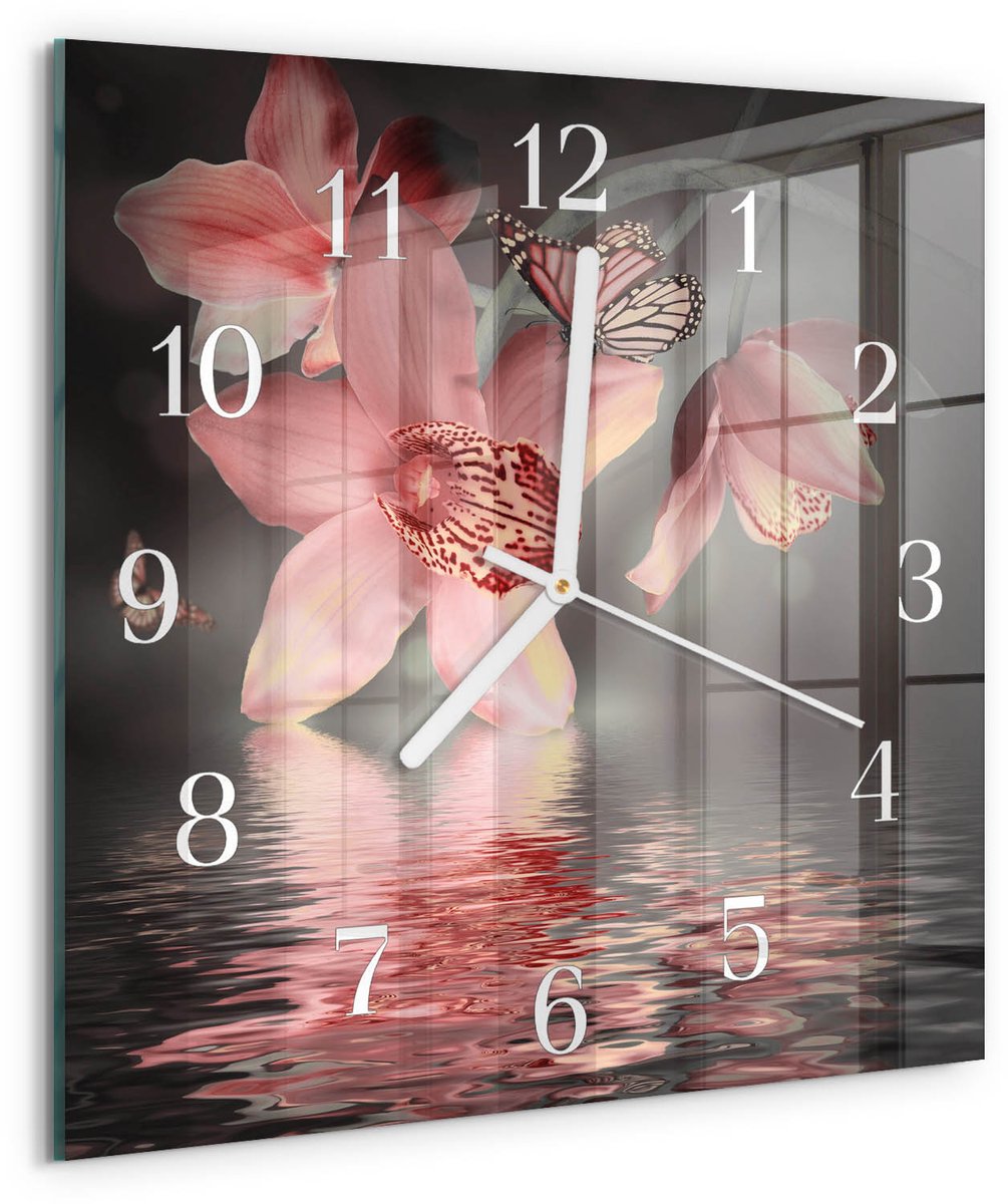 Tulup Wandklok - Orchidee Moderne Wandklok Glas - 30x30 cm - Roze Wandklok Glas Decoratie - Witte Handen - Vierkante Wandklok - Wandklok Glas Met Motief - Decoratieve Glazen Klok