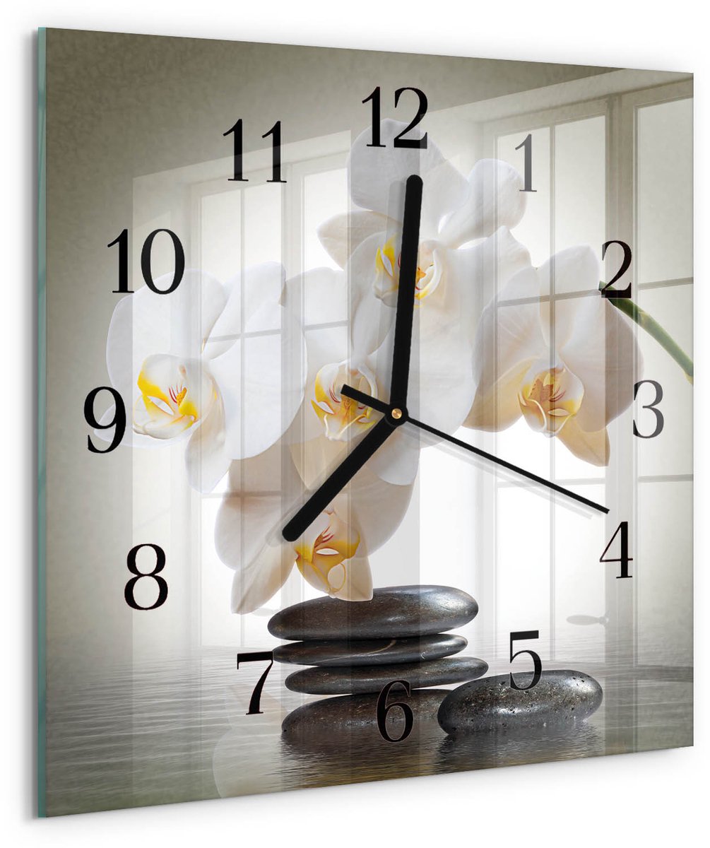 TULUP Wandklok - Orchidee Glazen Wandklok Design - 30x30 cm - Wit Klok Glas Met Opdruk - Zwarte Handen - Vierkante Wandklok - Glazen Wandklok Design - Klok Glas Met Opdruk Wit - Orchidee