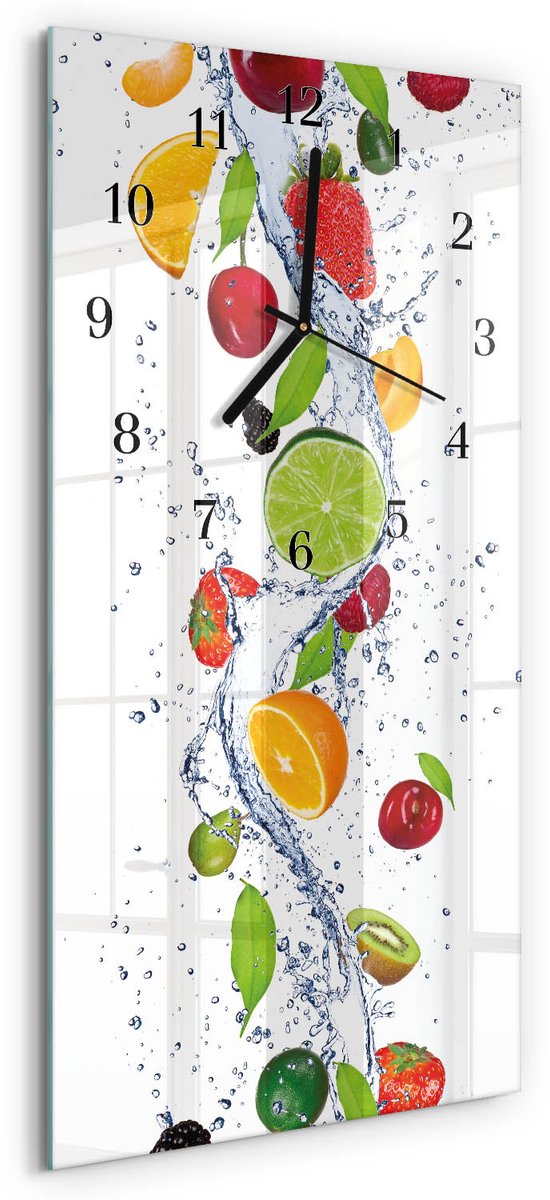 TULUP Wandklok - Fruit Wandklok Glas Met Motief - 30x60 cm - Veelkleurig Decoratieve Glazen Klok - Zwarte Handen - Rechthoekige Wandklok - Glazen Klok Met Print - Wandklok Glas Met Motief