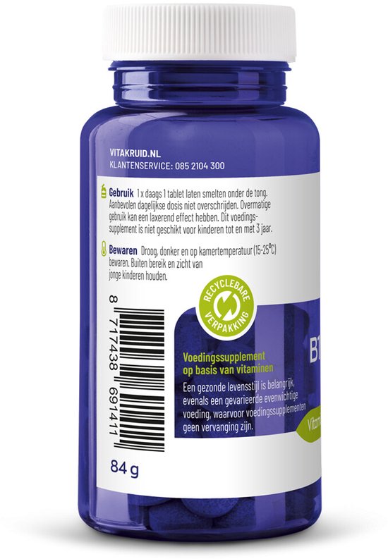 Blauwe pot met witte dop, met Vitakruid B12 Combi 6000 etiket. 84g.