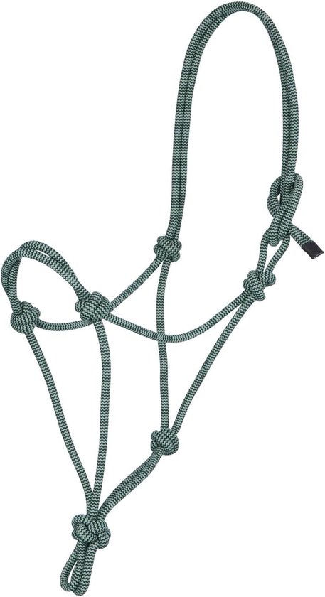 Lichtgroen halster van touw met een visgraatpatroon, met kenmerkende knopen en verstelbare lus.