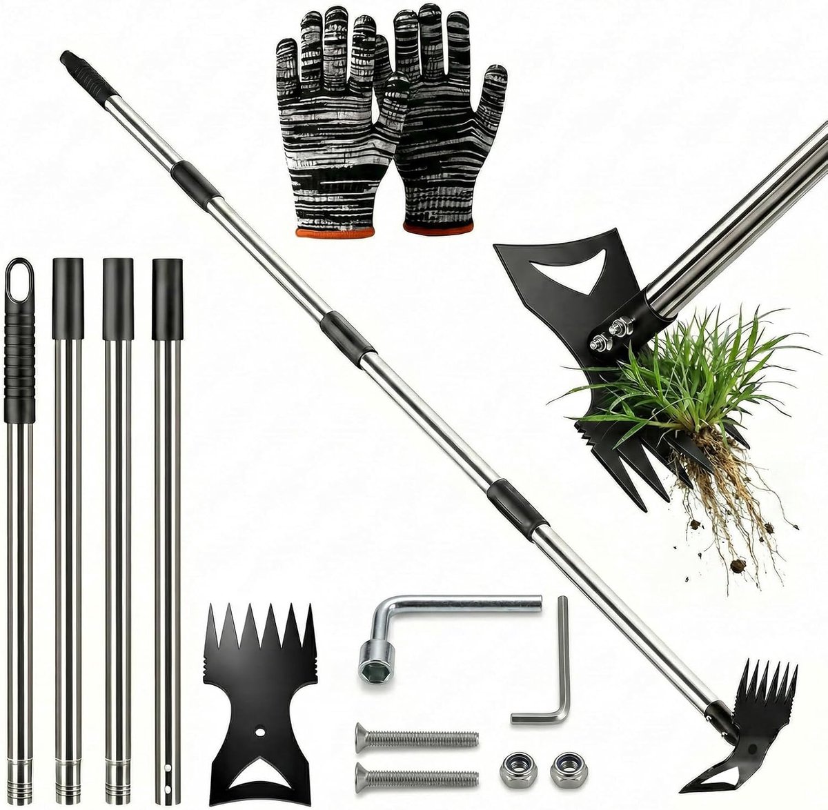 Onkruidtrekker Lange Steel - Onkruidverwijderaar Tuin - Staand Onkruid Wieden - 2-in-1 Hark Schoffel - 150 cm Verstelbaar - Zwart