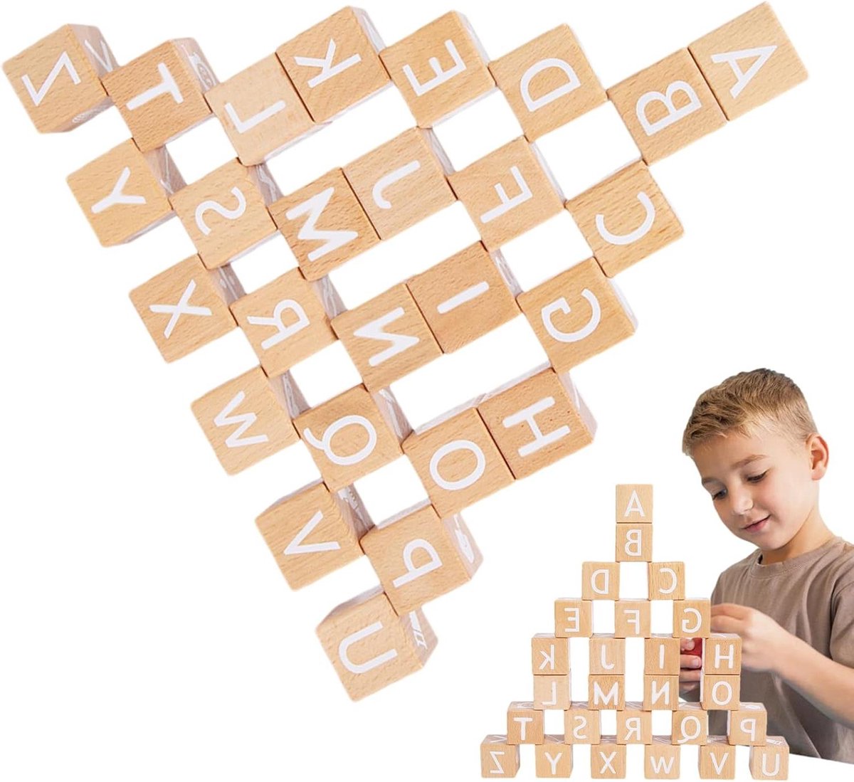Letterblokken - Educatief Speelgoed - Leren en Ontwikkeling - Veilig en Stevig - Set van 26 - Houtkleur