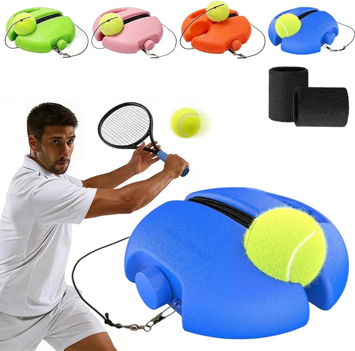 Tennis Trainer Set - Oefenbalhouder - Zelf Trainen - Anti-Knoop Koord - 21 cm Basis - Blauw