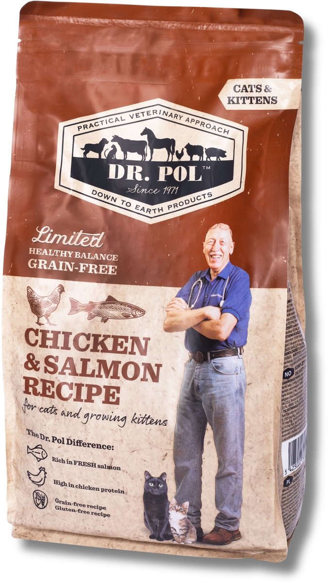 Dr. Pol Kattenvoer Graanvrij - Kip en Zalm - Bevat prebiotica - Kattenbrokken - 2 kg