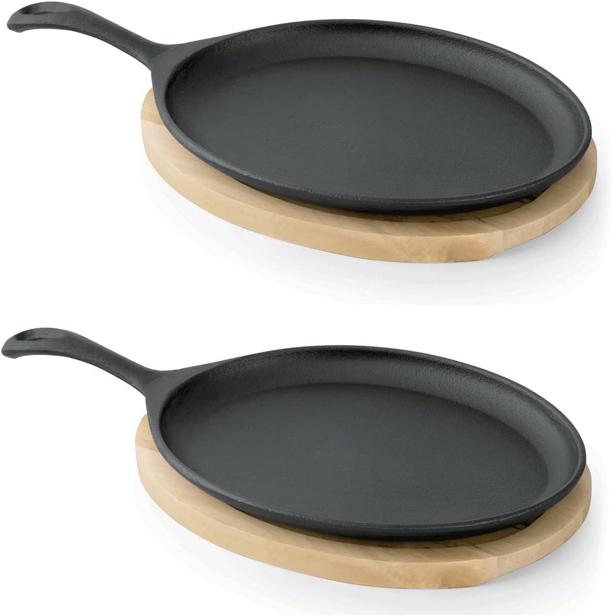 Gietijzeren Serveerpannen - Ovale Pannetjes - Gerechten Warm Houden - Inclusief Houten Onderlegger - 25 x 185 cm - Zwart