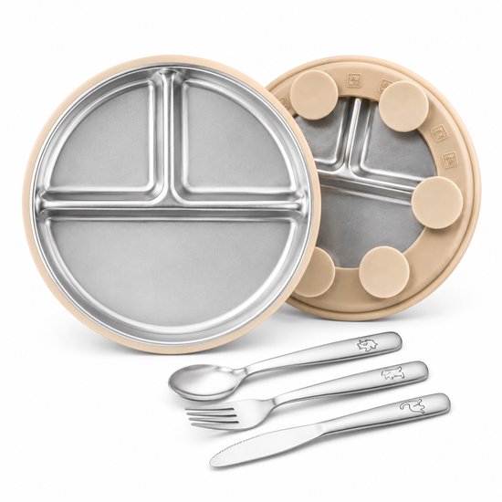 Set de Vaisselle pour enfants en acier inoxydable Nunu's® : assiette à 3 compartiments, ventouses, cuillère, fourchette et couteau | Antidérapant et sans BPA | Services de table hygiénique Bébés et enfants en bas âge