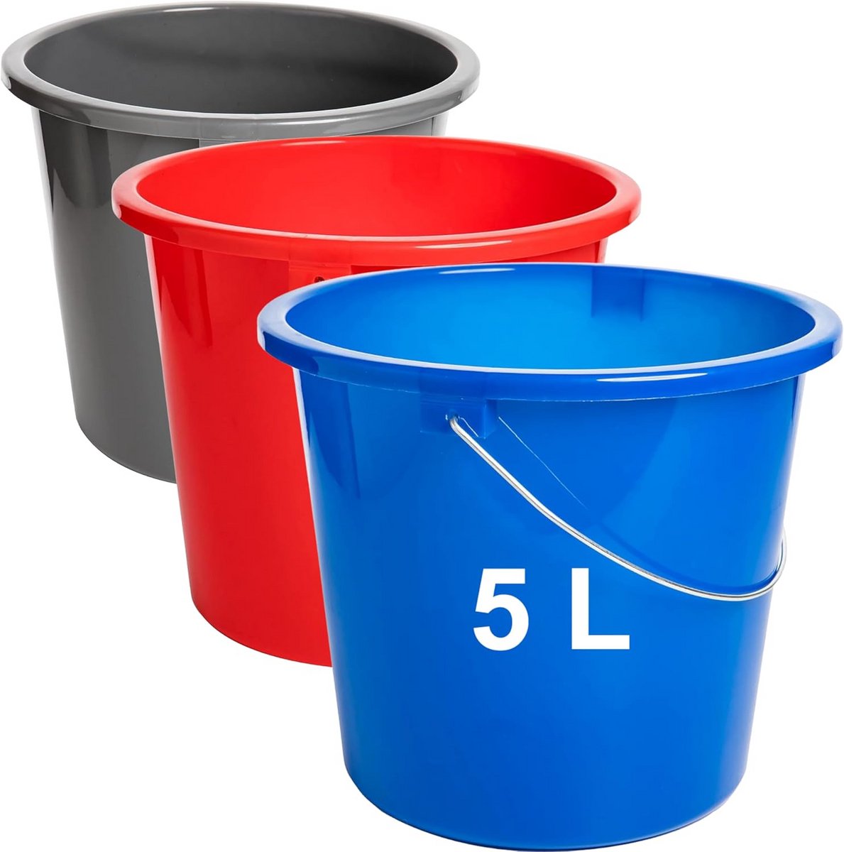 Set van 3 Poets- en Huishoudemmers met Maatstreep, 5 Liter, Kleurrijk