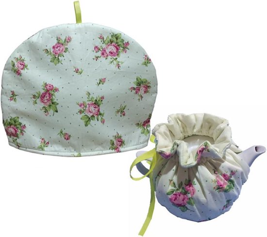 Theemuts met bloemenprint en stippen, met bijpassende theepot warmer.