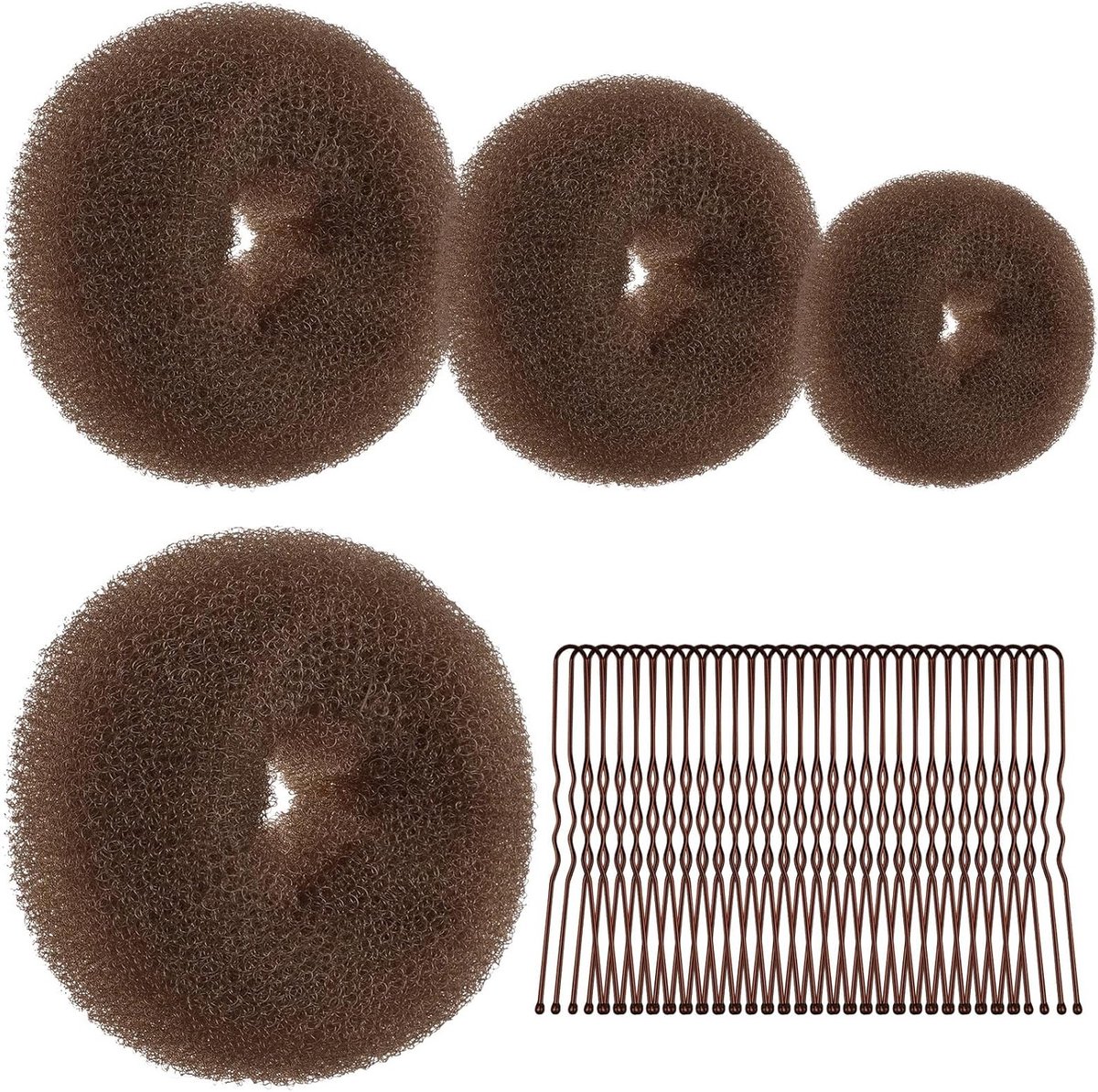 4-delige Haar Donut Set met 30 U Clips voor Perfecte Haarbuns - Lichtbruin, 6+8+10+12cm