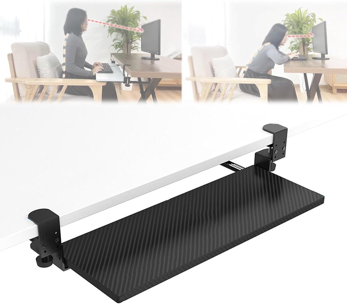 Toetsenbordlade Bureaulade - Uittrekbaar Platform - Werkruimte Organiseren - Installatie Zonder Boren - 75 x 24 cm - Zwart
