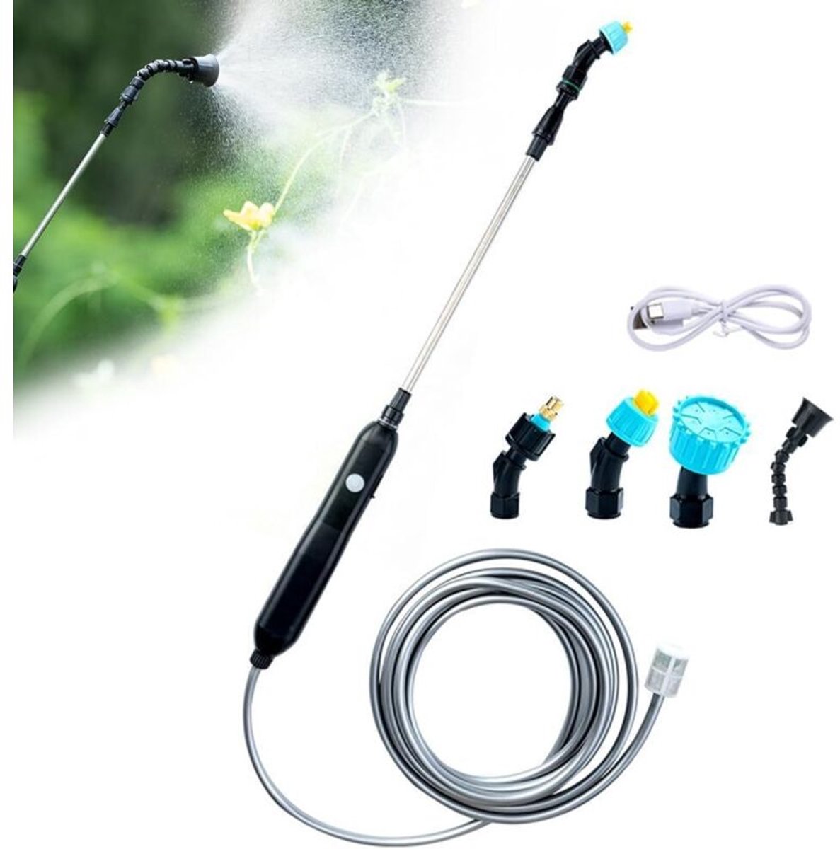 Elektrische sproeier met 10 meter slang – uitschuifbaar van 22,4 tot 60 cm – 4 sproeikoppen – accuduur van 2-3 uur – voorhet besproeien van gazons en diverse oppervlakken.