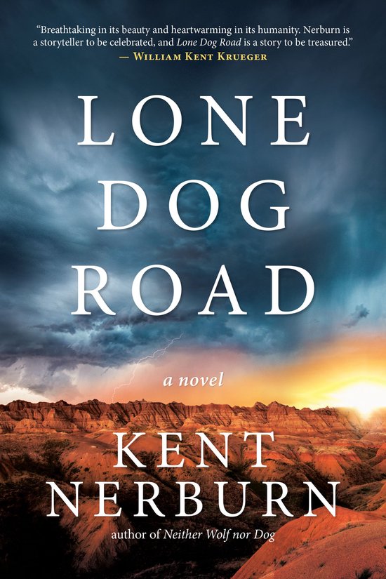 Boekcover van 'Lone Dog Road' door Kent Nerburn. Dramatische lucht boven woestijnlandschap.