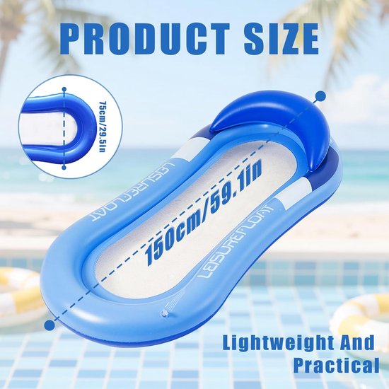 Waterhangmat - Opblaasbaar luchtbed - Ontspannen op water - Geïntegreerd net - 150 x 70 cm - Blauw — afbeelding 5