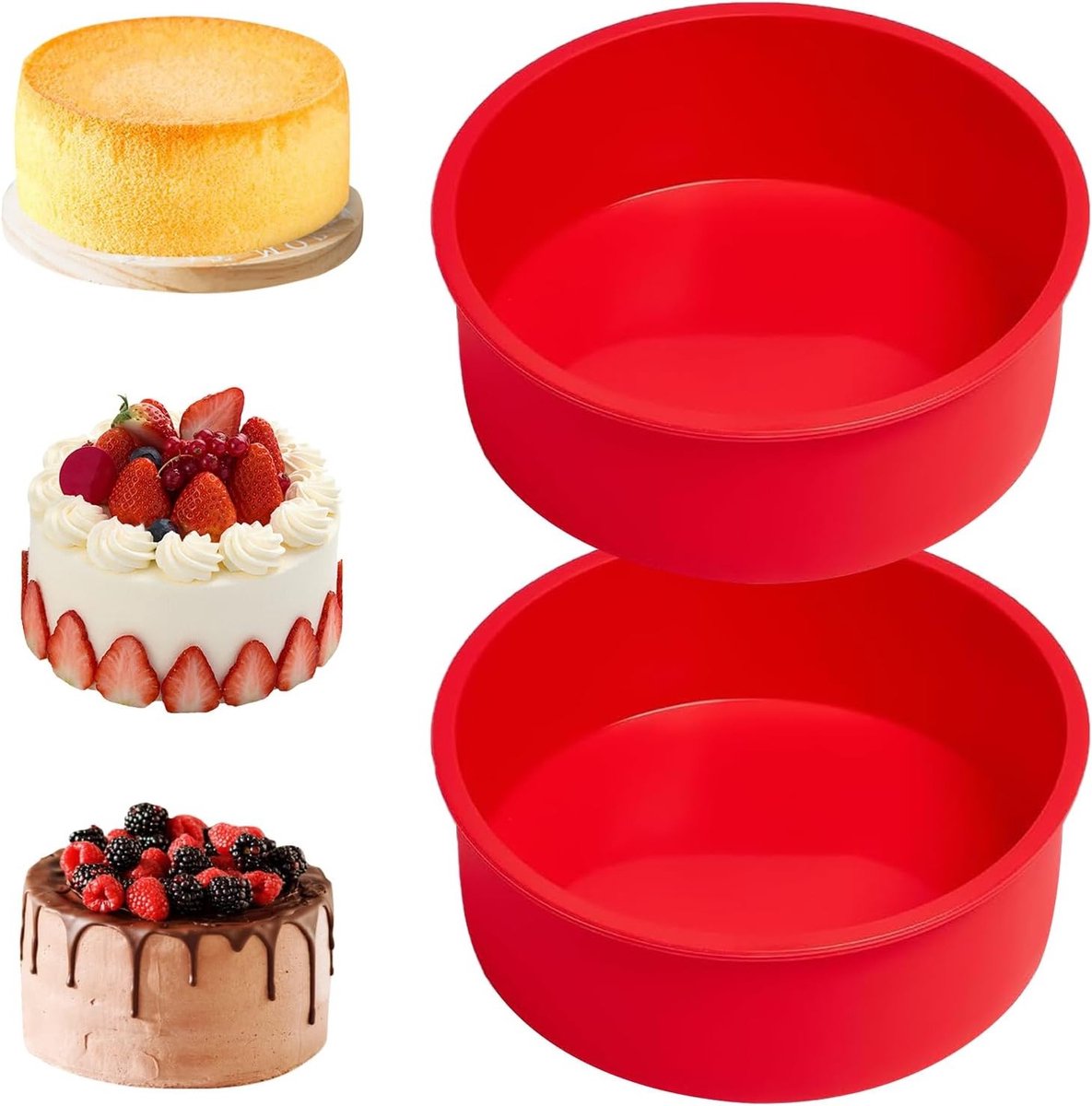 Siliconen Bakvormen Set van 2, 15 cm Rond voor Taarten en Brood, Geschikt voor Airfryer, Rood
