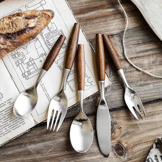 Bestekset Houten Handvat - Roestvrij Staal - Picknick Kamperen - Set van 5 - 500 Gram - Zilver — afbeelding 3