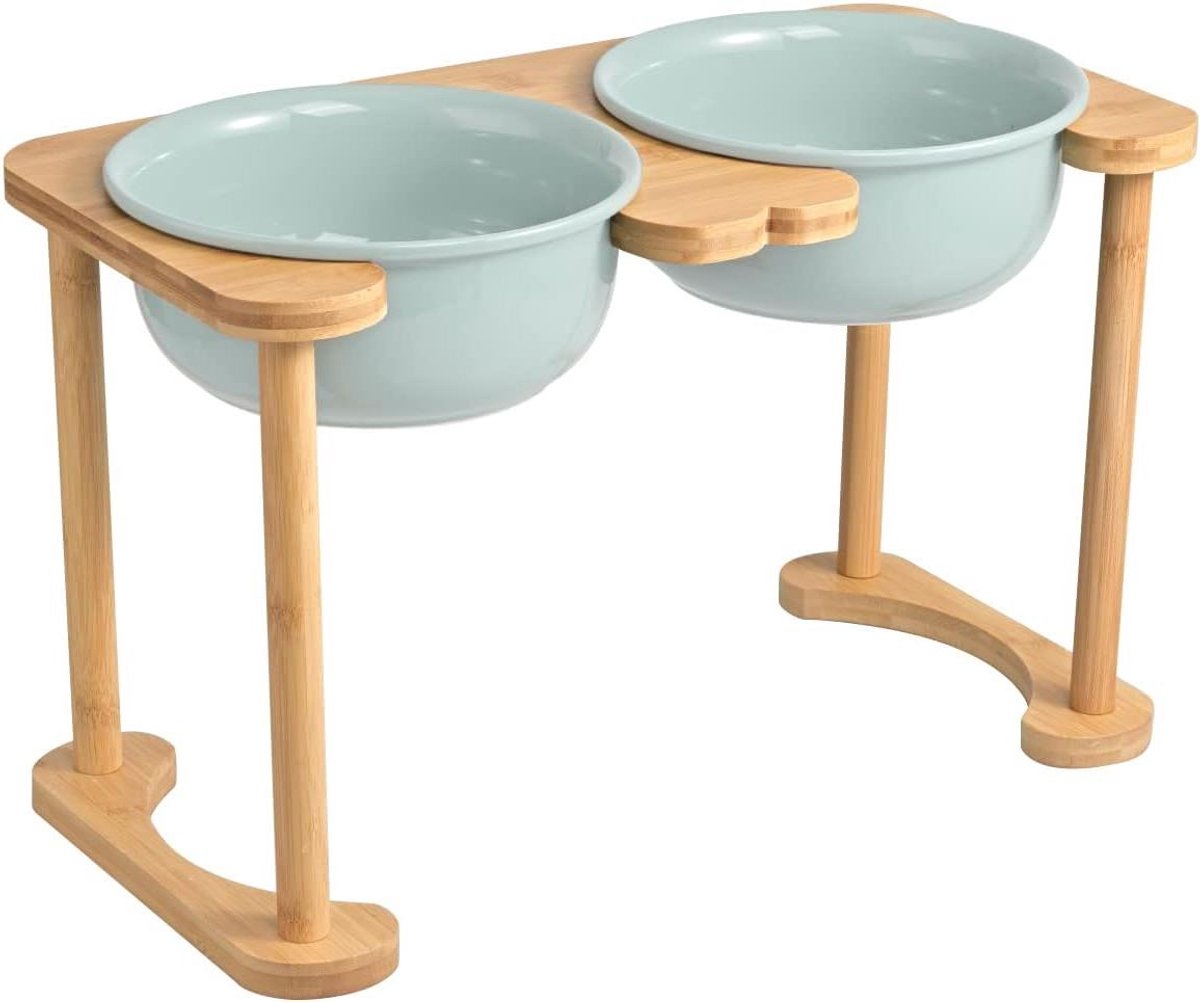 Verhoogde Voerbak - Hondenbak Kattenbak - Gezond Eten - Keramiek Houten Standaard - 1600 ml - Lichtgroen