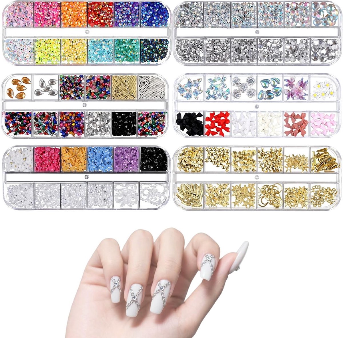 3D Nagelcharms in Goud en Zilver - 6200 Kleurrijke Steentjes voor Nageldecoratie en Manicure