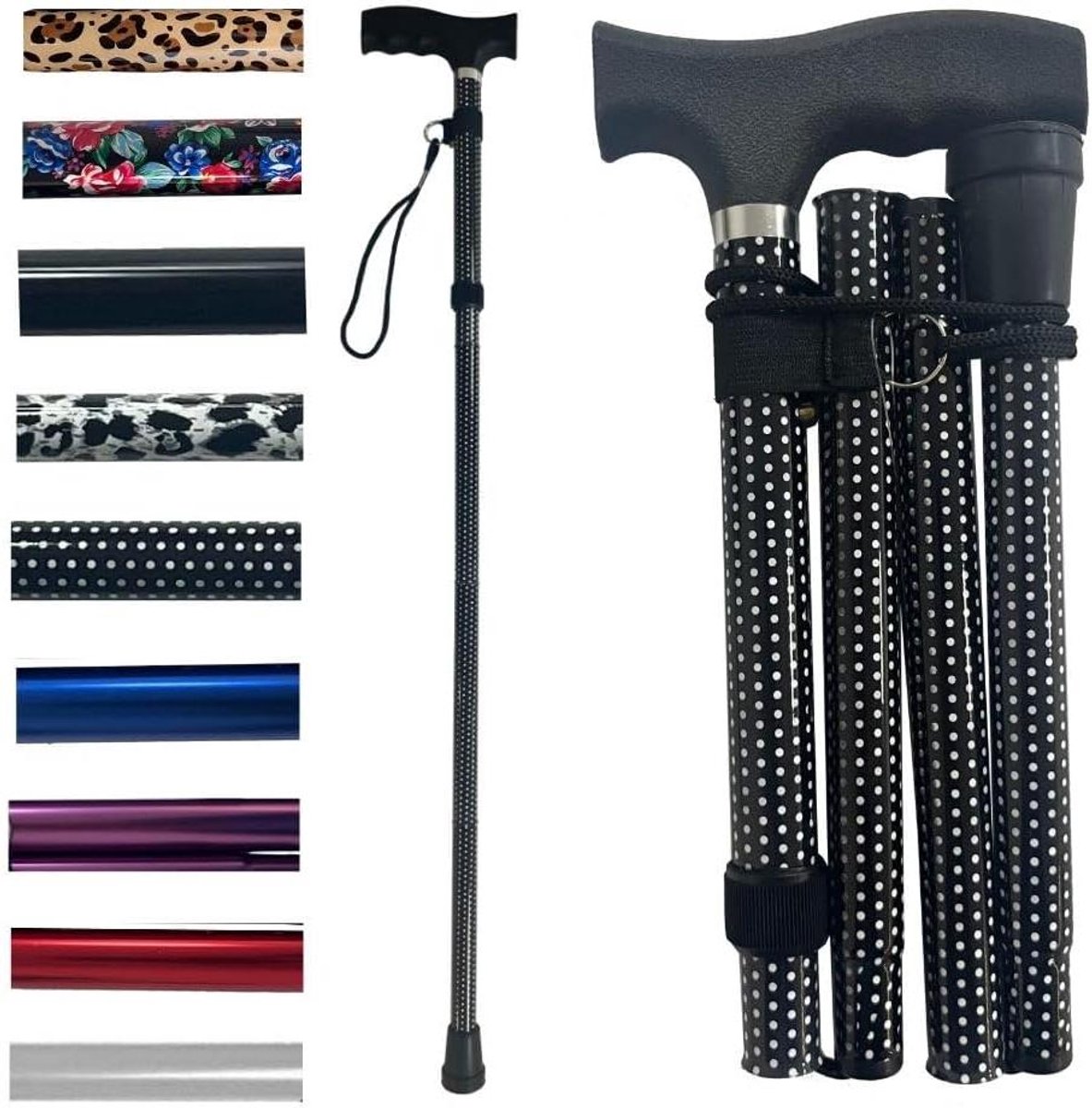 Wandelstok - Hulpmiddel - Veilige Mobiliteit - Opvouwbaar Lichtgewicht - Verstelbaar - Polka Dot