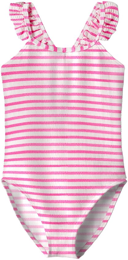 Roze en wit gestreept badpak met ruches op de schouders.