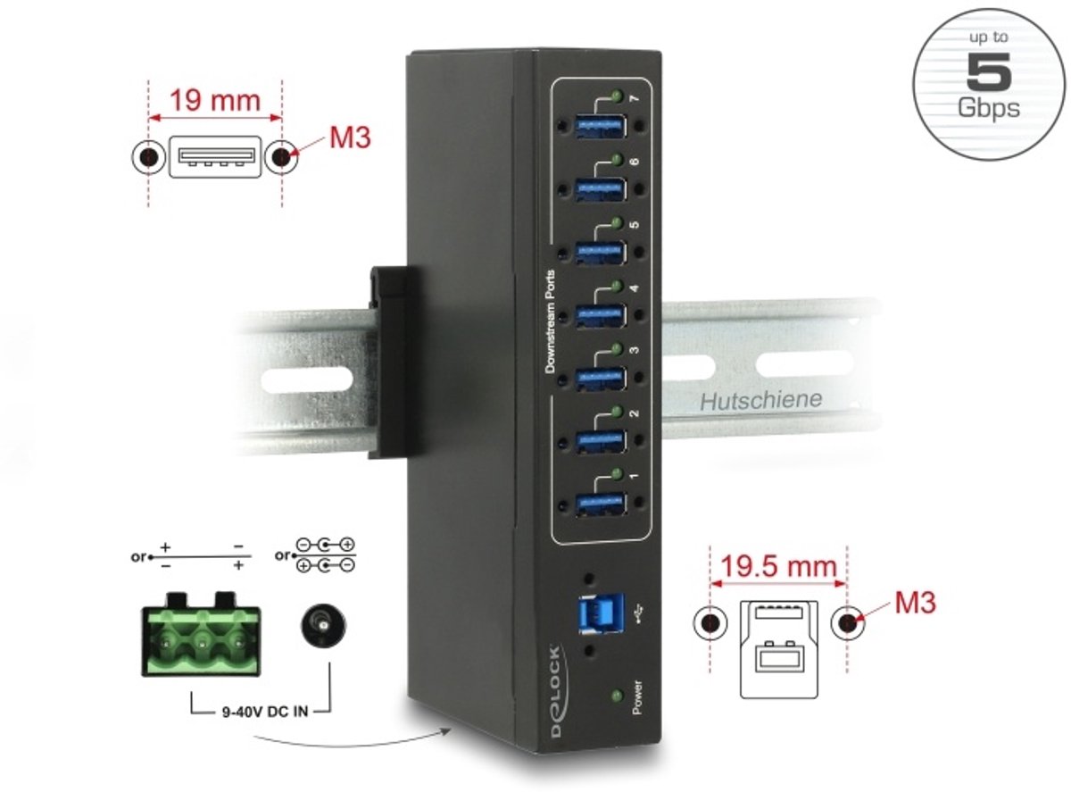 Delock Externer Industrie Hub 7 x USB 3.0 Typ-A mit 15 kV ESD Schutz