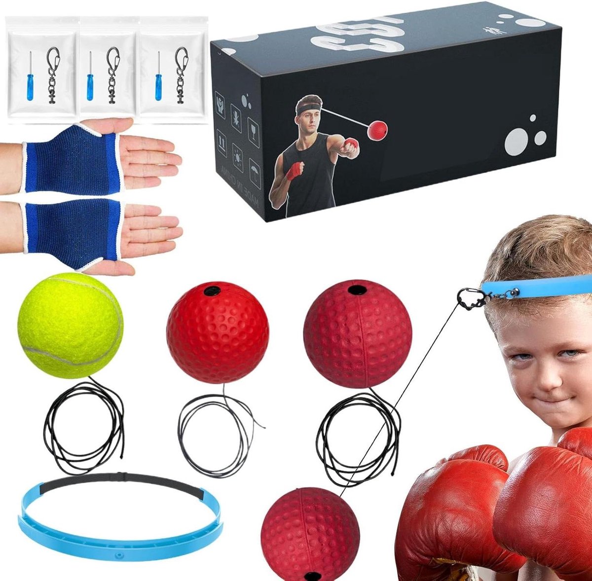 Boksreflexbalset - Trainingsbal - Verbeteren reacties - Verstelbare riem - Set van 3 ballen - Multicolor