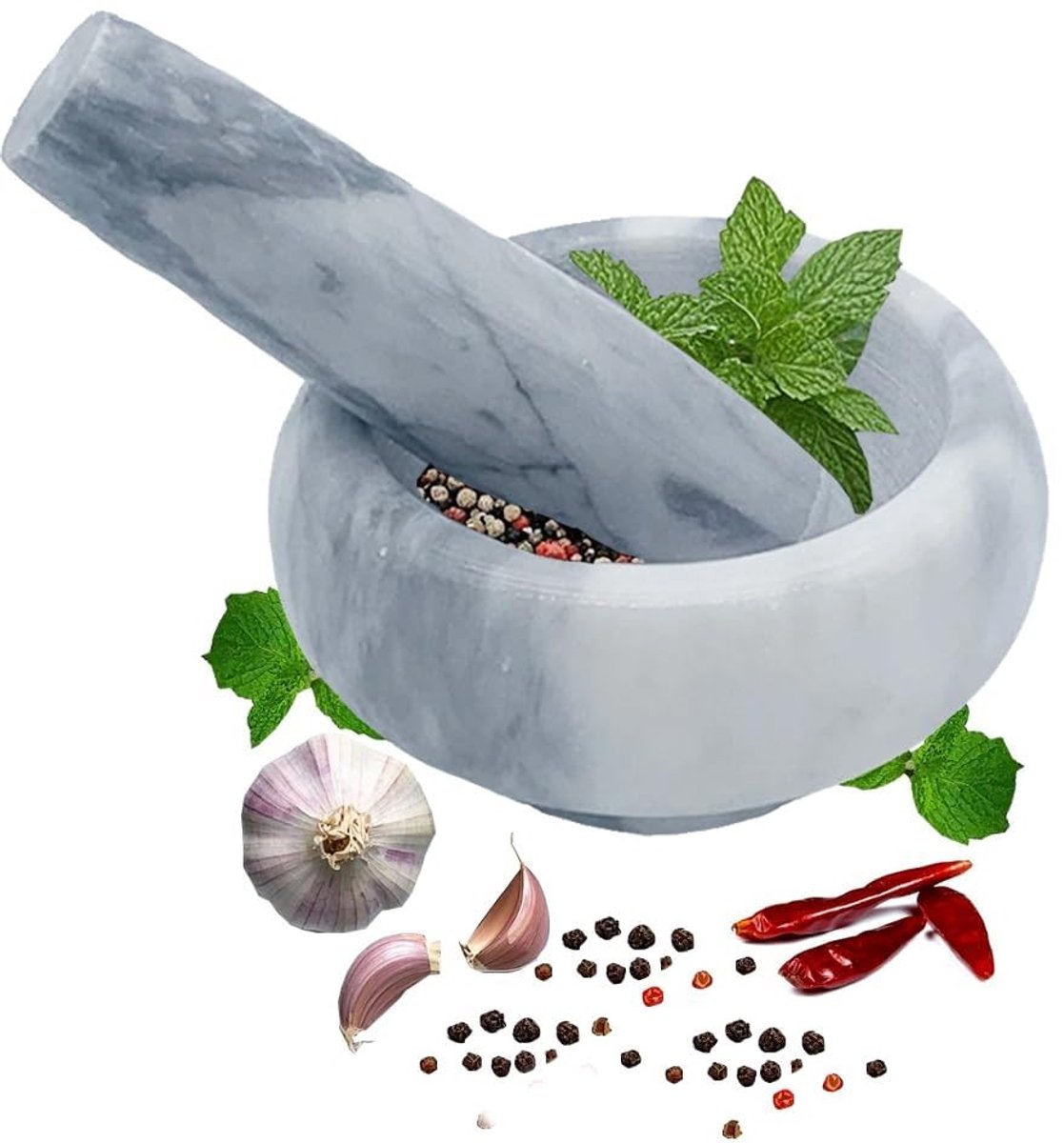 Vijzel met stamper van marmer, Ø 14 cm, grijs-wit, ideaal voor kruiden, specerijen en pesto