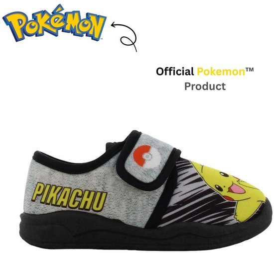 Grijze Pikachu pantoffels met klittenband. Warme, zachte, ademende mesh voering. Pikachu print.
