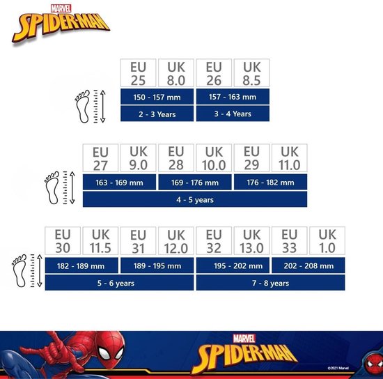 Maattabel voor Spiderman schoenen met Europese, Britse en kinder maten, met afmetingen in millimeters en leeftijden.