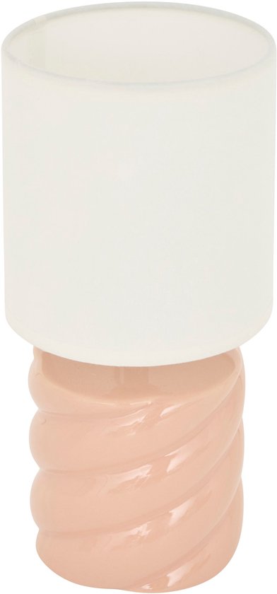 Lampe de table en céramique avec pied torsadé pêche et abat-jour cylindrique blanc mat.