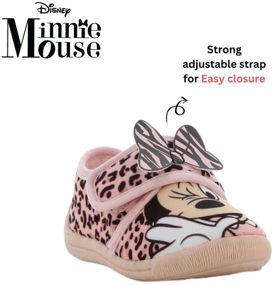 Roze pantoffel met luipaardprint en Minnie Mouse. Met verstelbare klittenbandsluiting.