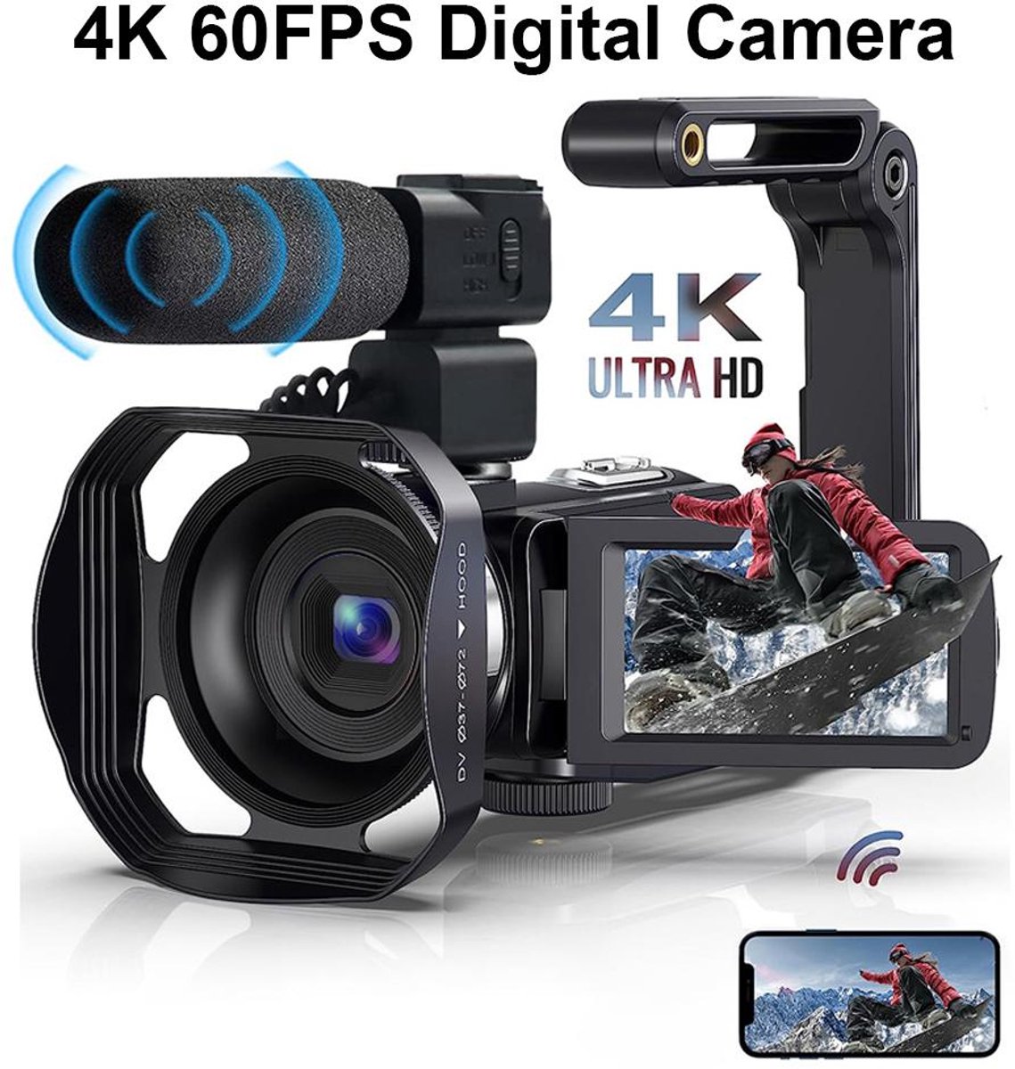 Digitale Camera 4K 60FPS - 48 Megapixel Autofocus Camcorder - 16x Digitale Zoom - 3 Inch Roteerbaar Capacitief Touchscreen 270 Graden - WiFi en HDMI - IR Vullicht - Externe Microfooningang - Ideaal voor Vlog en Reizen