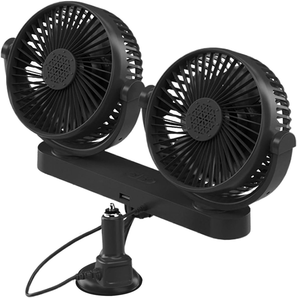 USB Autoventilator - Elektrische Ventilator - Rijcomfort Verbeteren - Dubbele Kop 360 Graden - 12V 24V Compatibel - Zwart