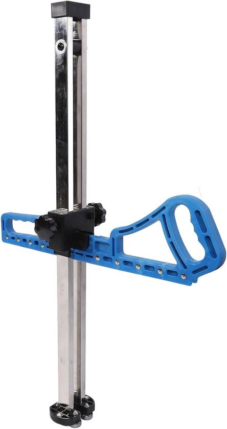 Gipsplaat snijder met een blauw handvat rechts, verstelbare breedte, metalen staaf en zwarte klemmen.